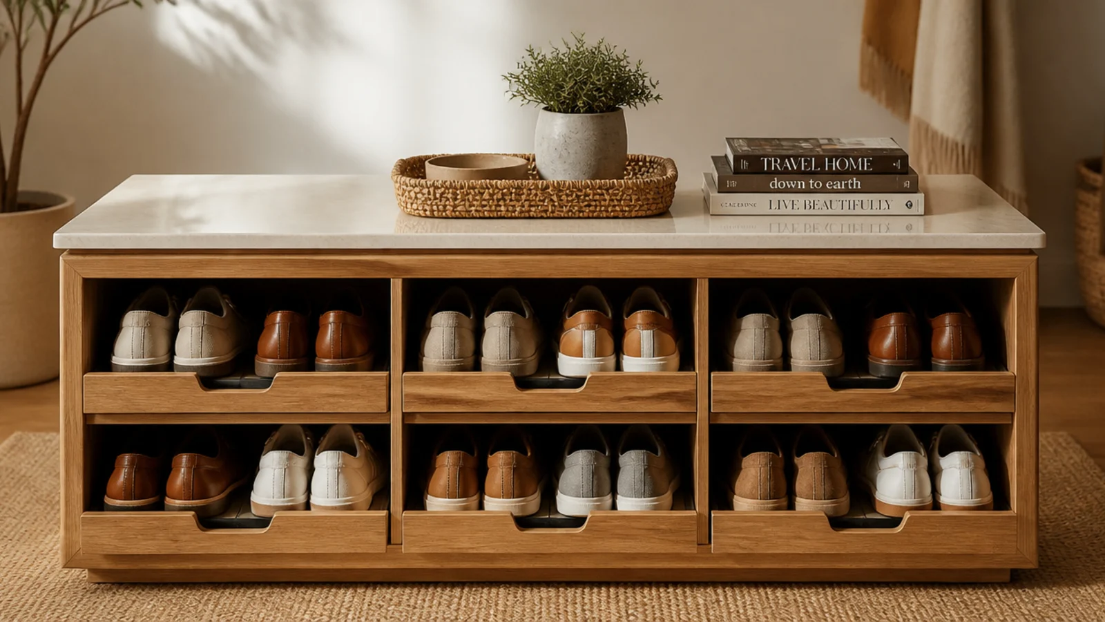 A low island in the center of a walk-in closet with shoe drawers below and a display surface on top.