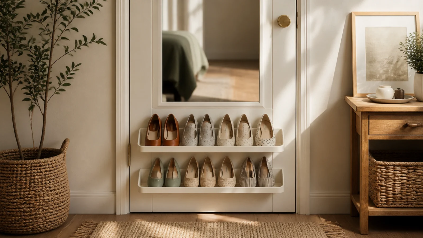 A full-length mirror on the back of a bedroom door with a slim shoe rack mounted below it holding flats.