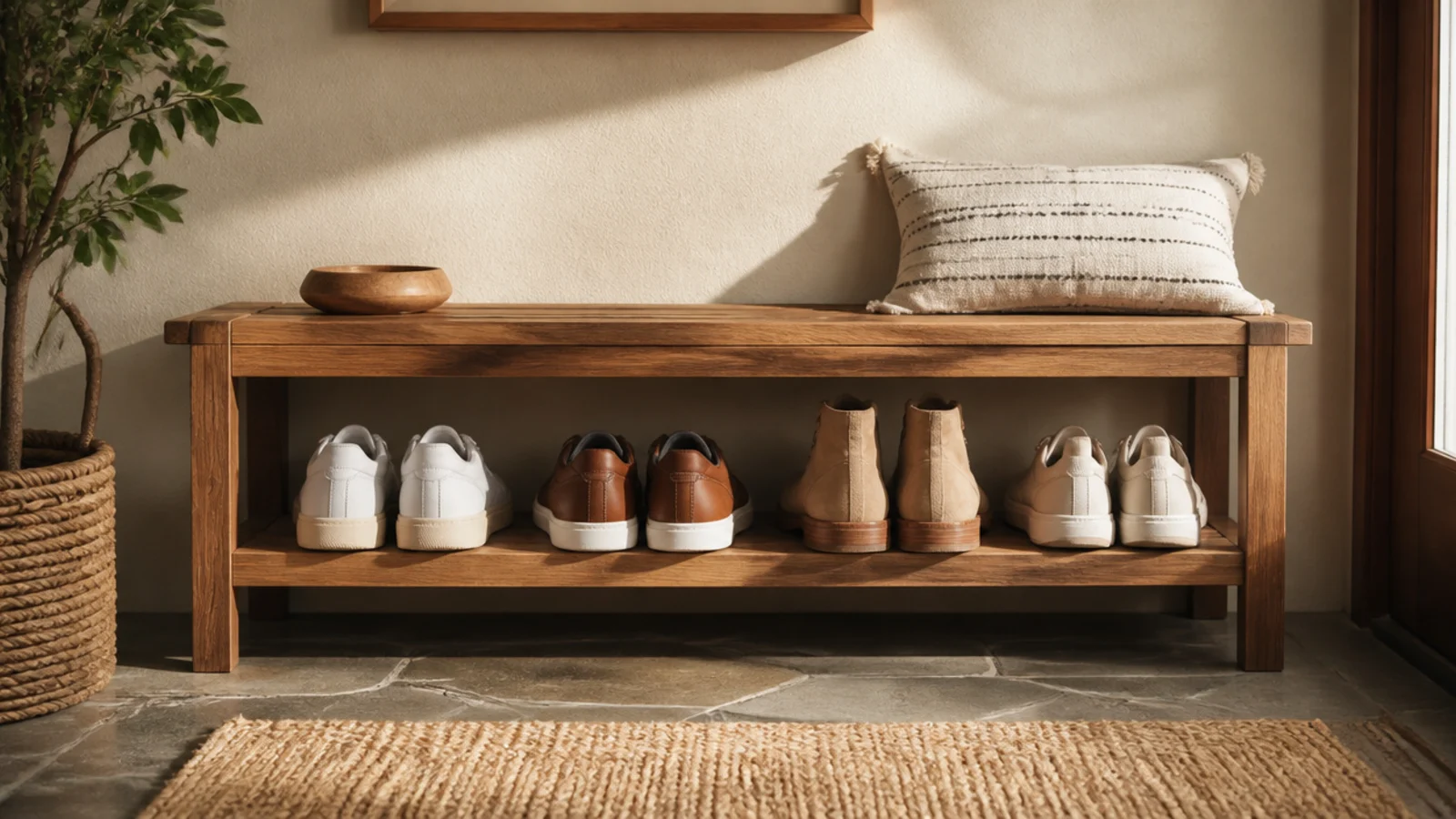 A narrow wooden entry bench with an open lower shelf holding four pairs of shoes lined toe-out.