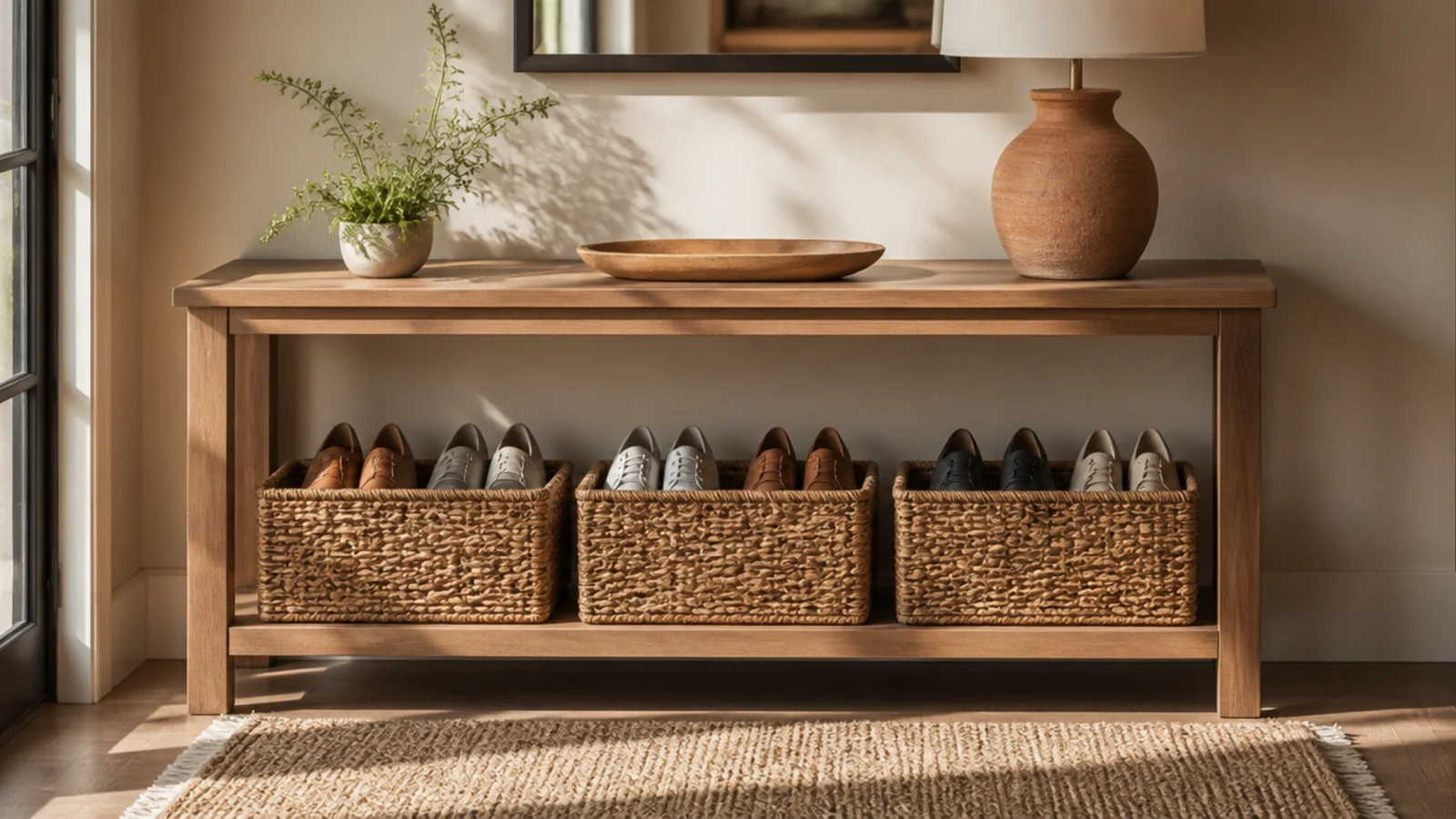 A slim console table against an entry wall with three matching woven baskets lined up on the lower shelf holding shoes.