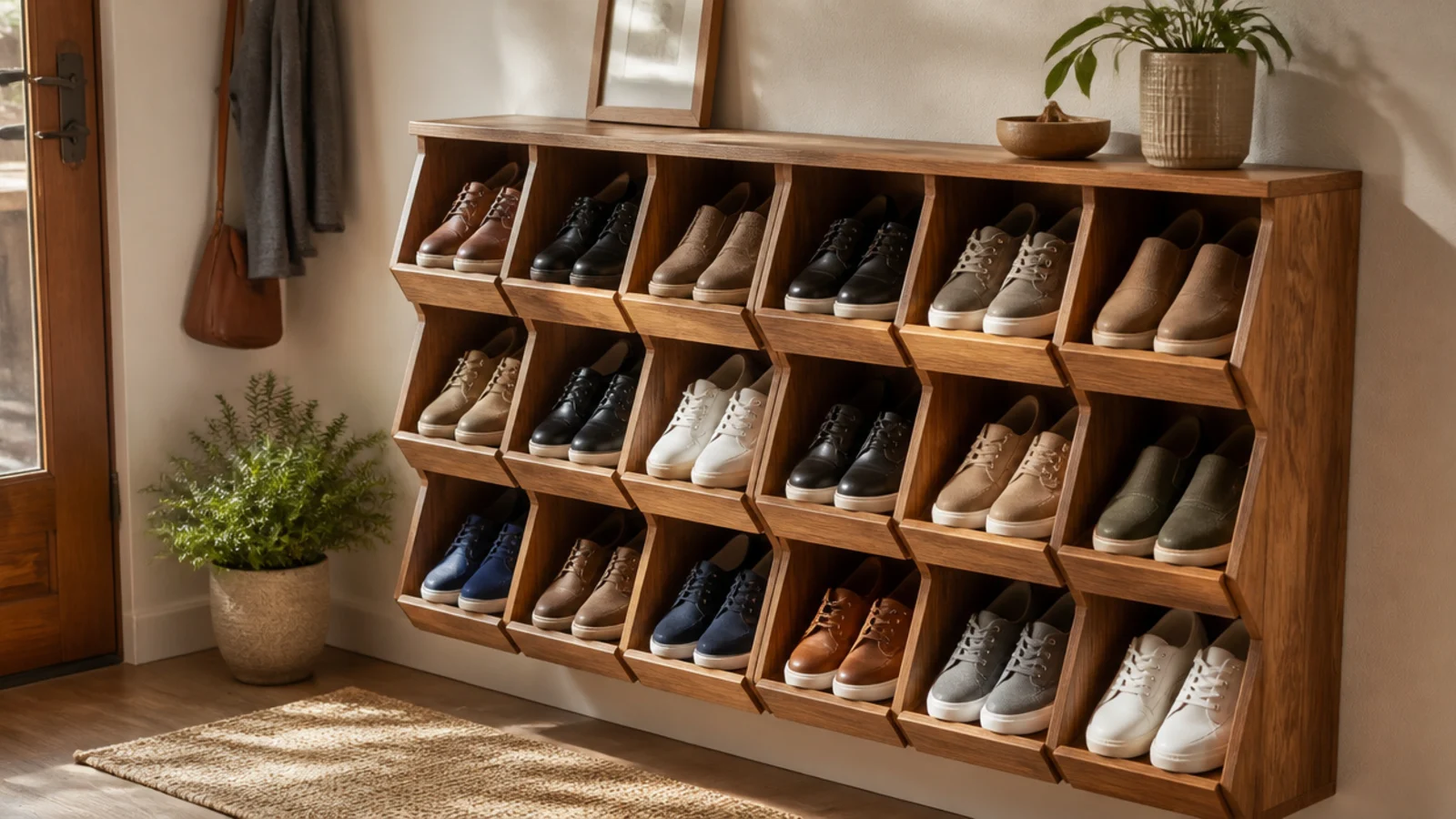 A grid of angled wooden cubbies mounted on an entry wall, each slot holding a single pair of shoes tilted forward.