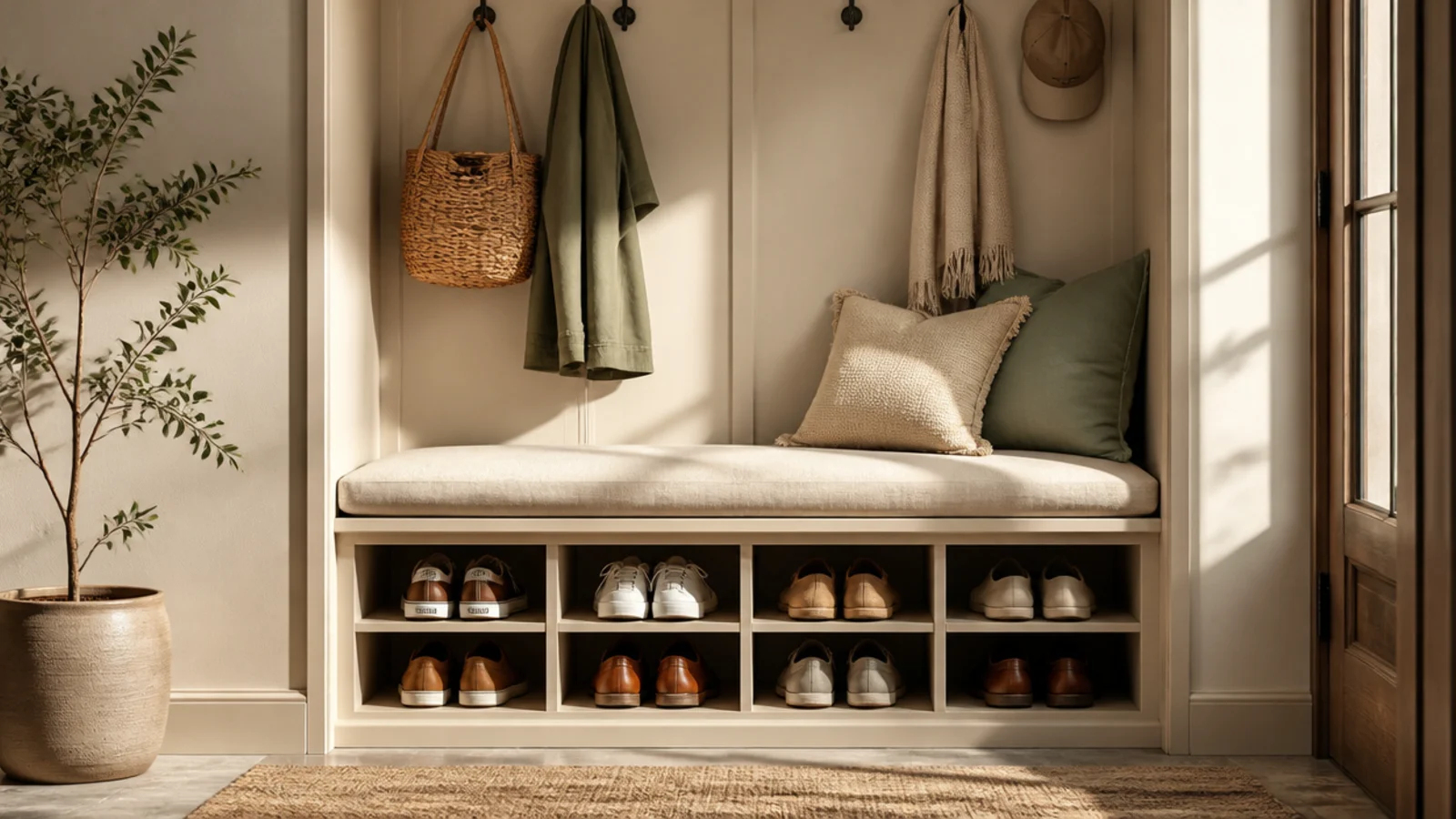 A built-in bench set into an entry alcove with open shoe cubbies below the seat and coat hooks on the back wall.