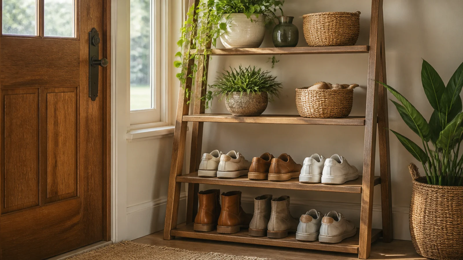 A leaning ladder shelf beside a front door with lower rungs holding shoes and upper shelves holding plants and baskets.