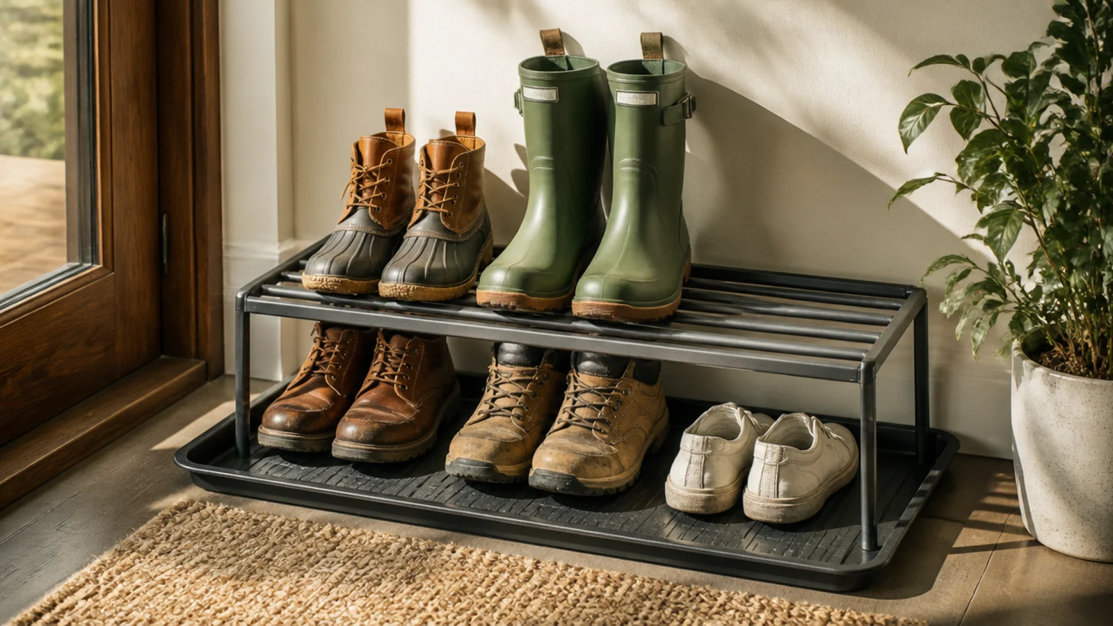 A low metal shoe rack sitting inside a wide ribbed rubber boot tray by a front door, holding wet-weather shoes.