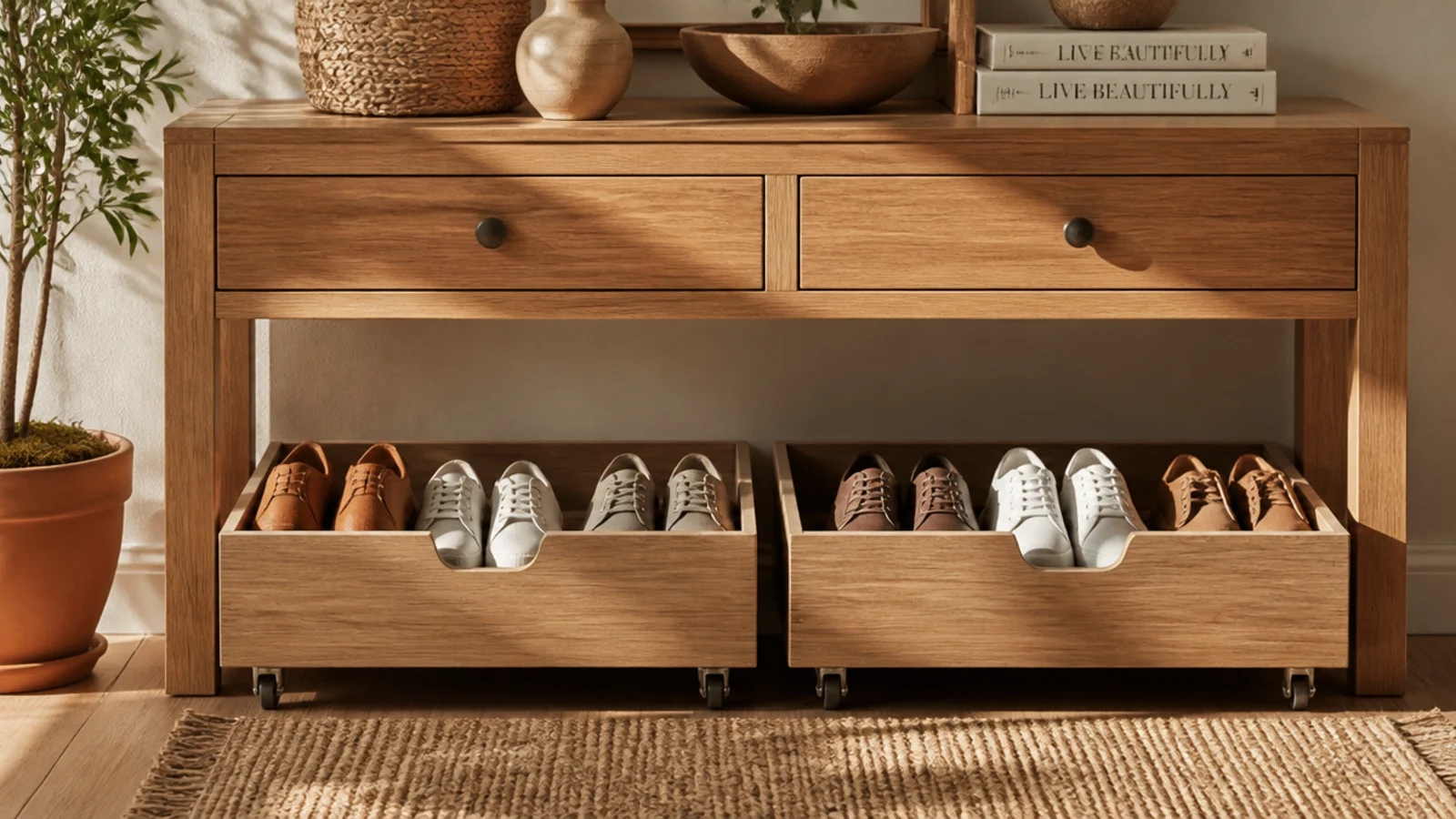 Two low wheeled bins rolled out from under a console table, each holding several pairs of shoes.