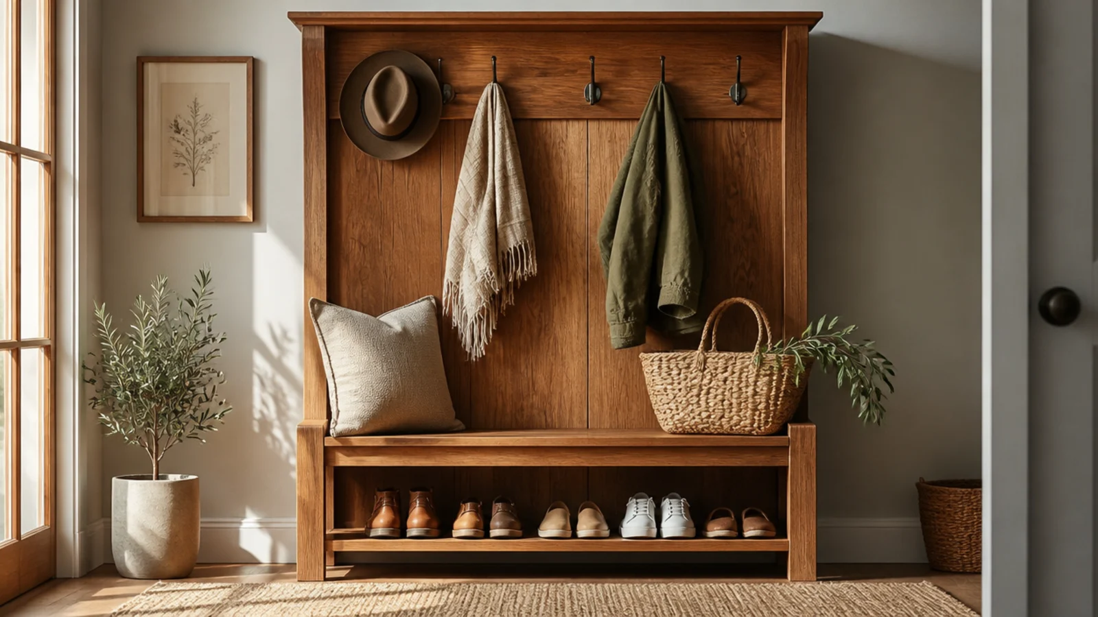 A tall wooden hall tree with coat hooks up top, a bench seat in the middle, and an open shoe shelf at the base.