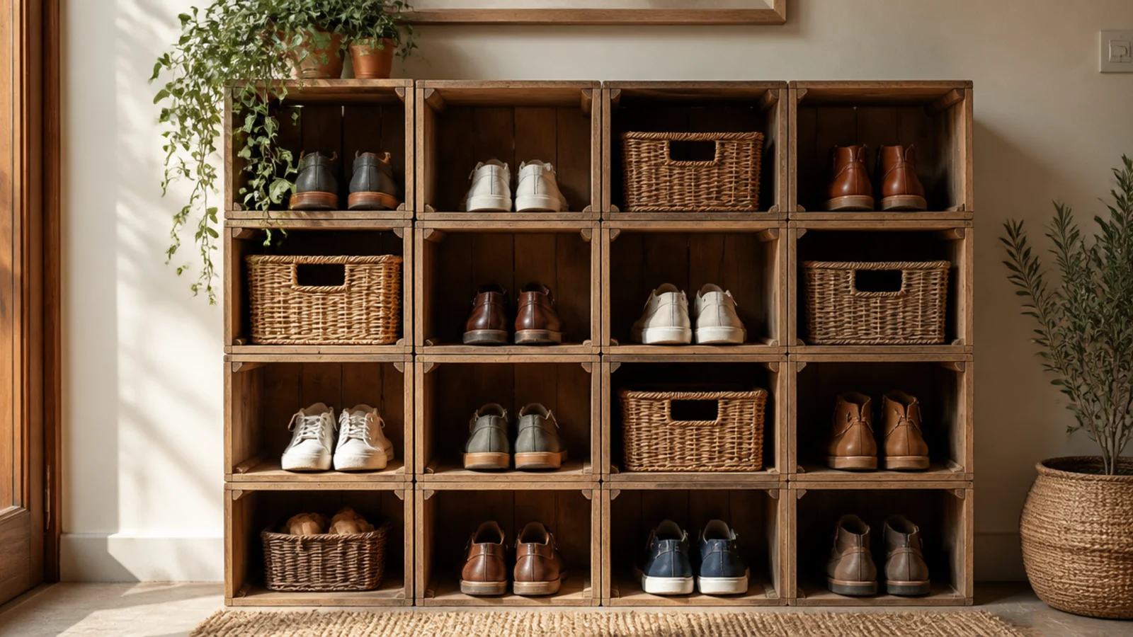 A wall of wooden crates fixed together in a grid by an entry, each cubby holding a pair of shoes or a basket.