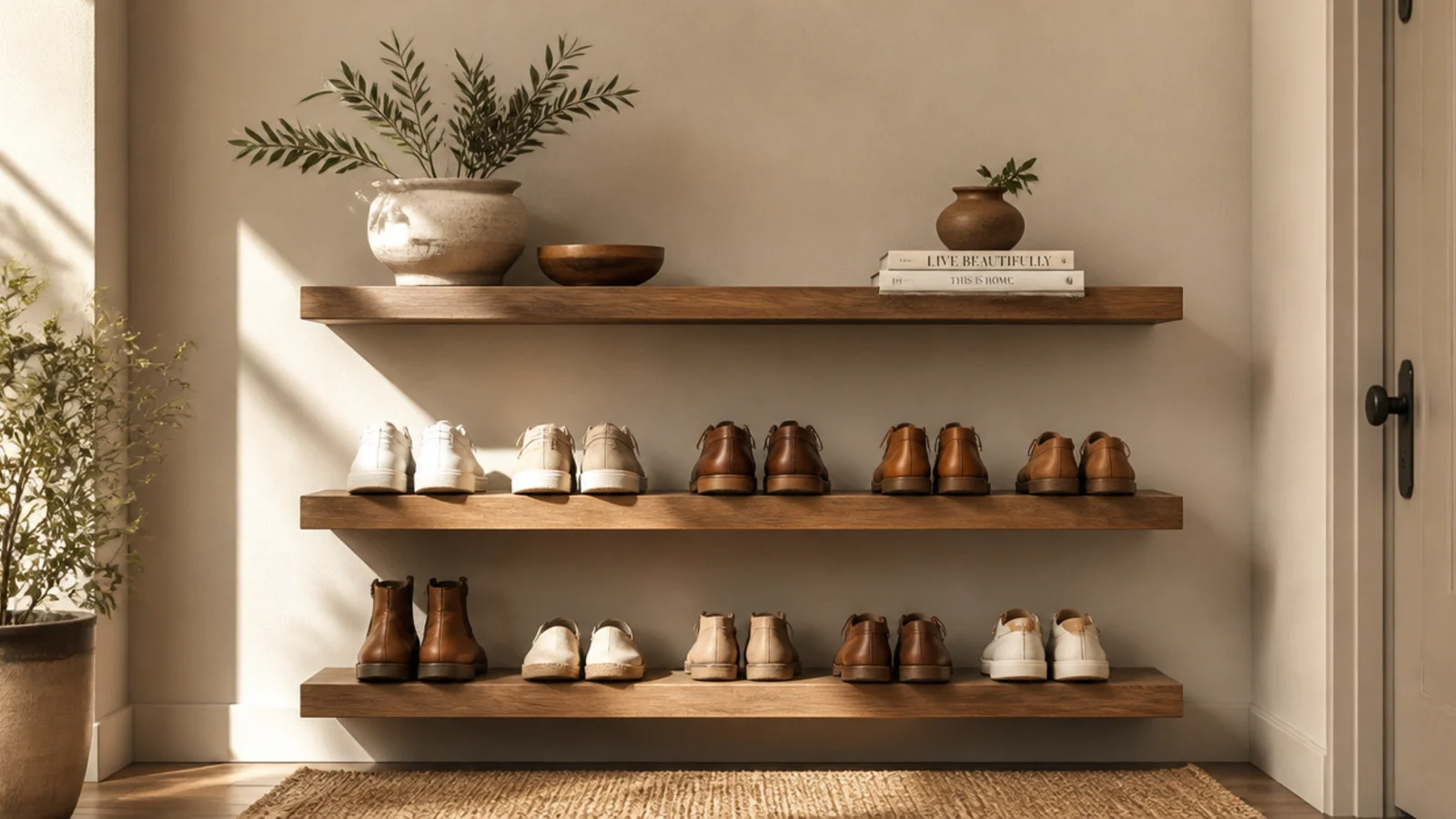 Three floating wooden shelves stacked on an entry wall, the lower two holding shoes and the top one holding decor.