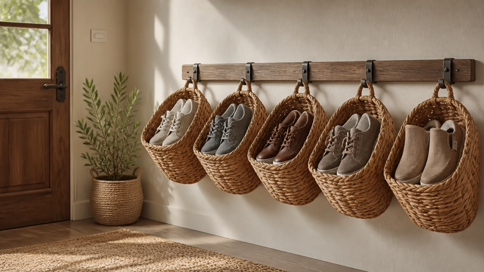 A row of woven baskets hung on a wall rail by an entry door, each basket holding a few pairs of casual shoes.