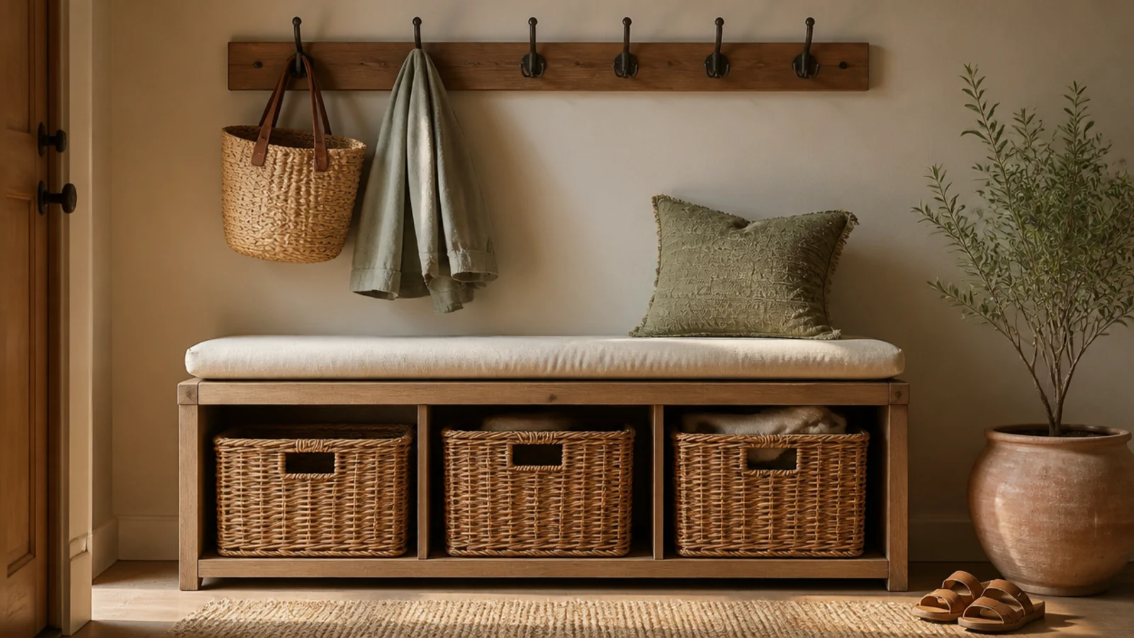 An entry bench with woven baskets underneath and a row of coat hooks mounted on the wall above the seat.