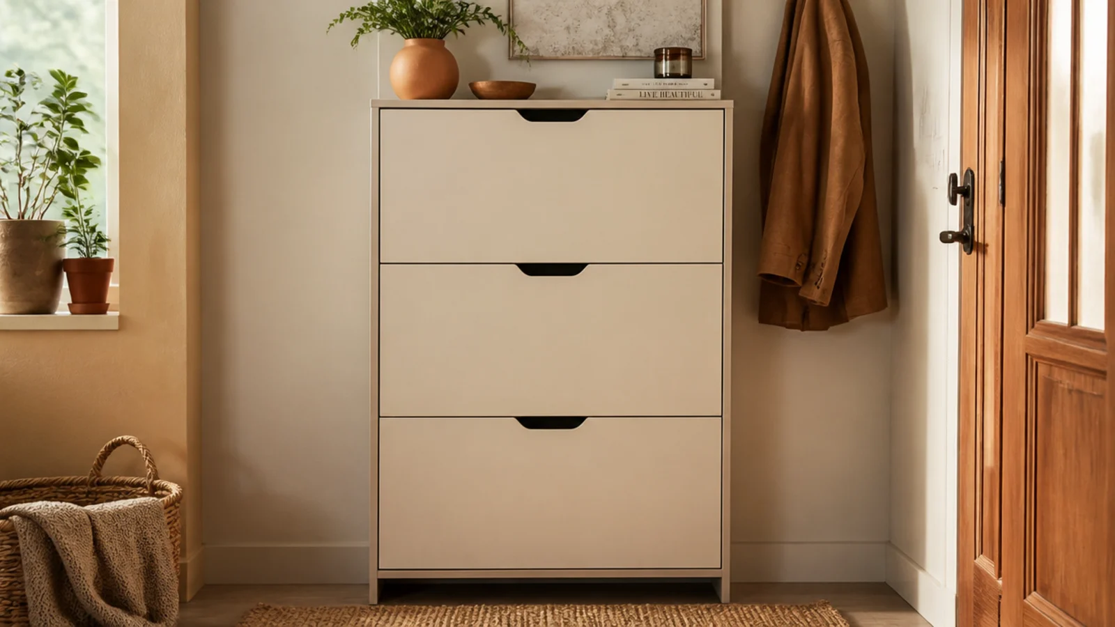 A tall slim shoe cabinet with flip-out compartments standing flat against a narrow entry wall, doors closed.