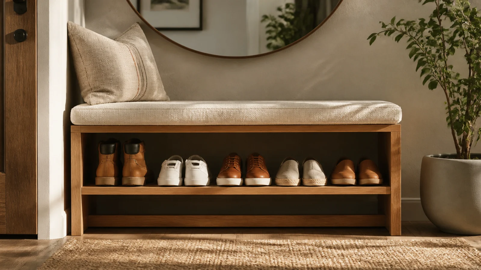 A shoe-storage bench beneath a large round mirror by a front door, the bench shelf holding a row of shoes.