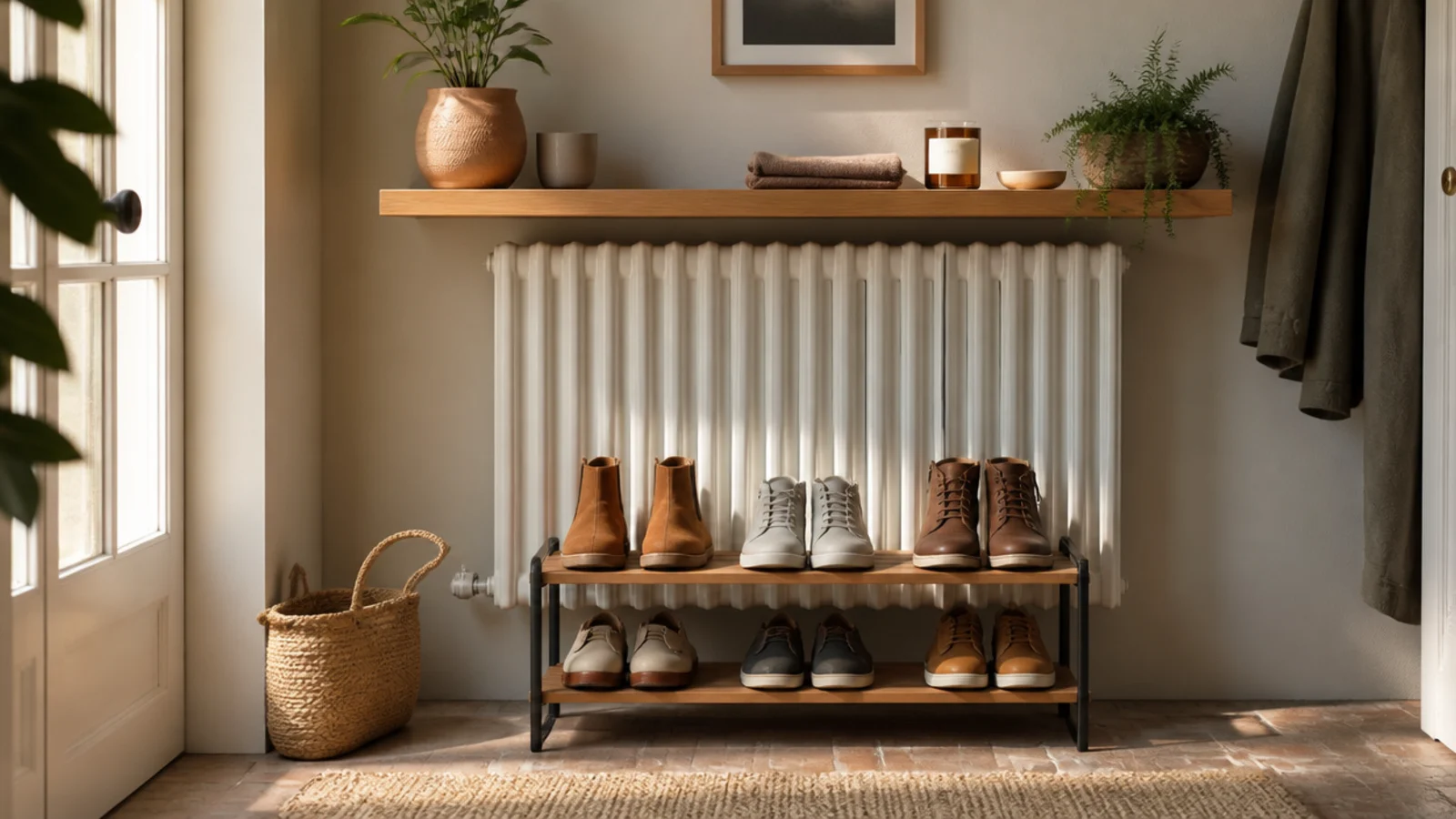 A shelf mounted over an entry radiator with a shoe rack tucked on the floor beneath and shoes drying above.