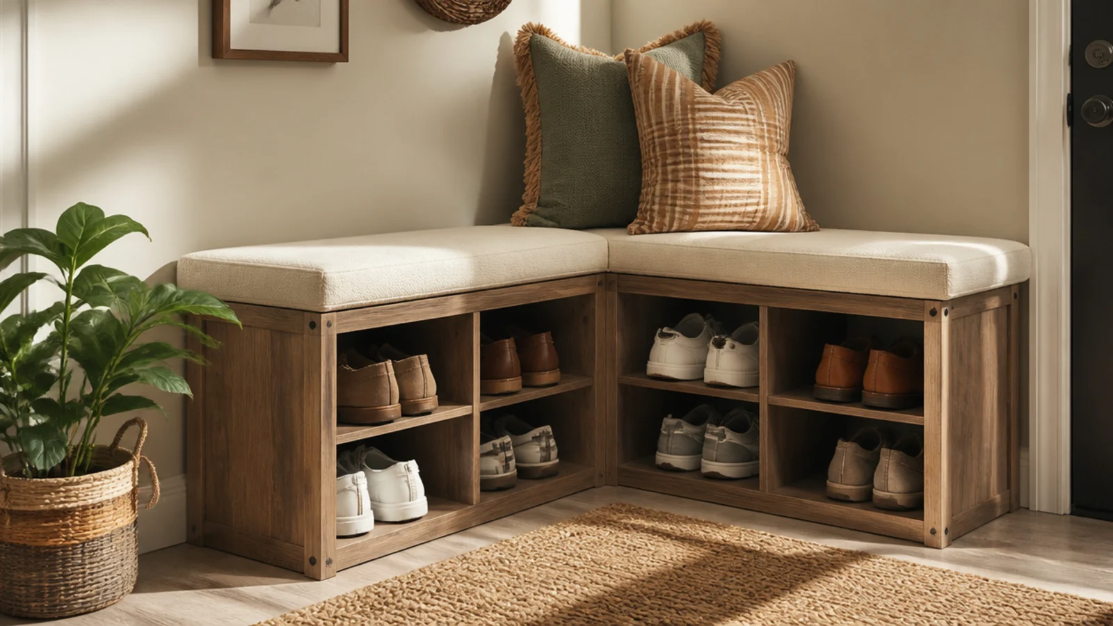 An L-shaped corner bench in an entry corner with shoe cubbies underneath both sides of the seat.