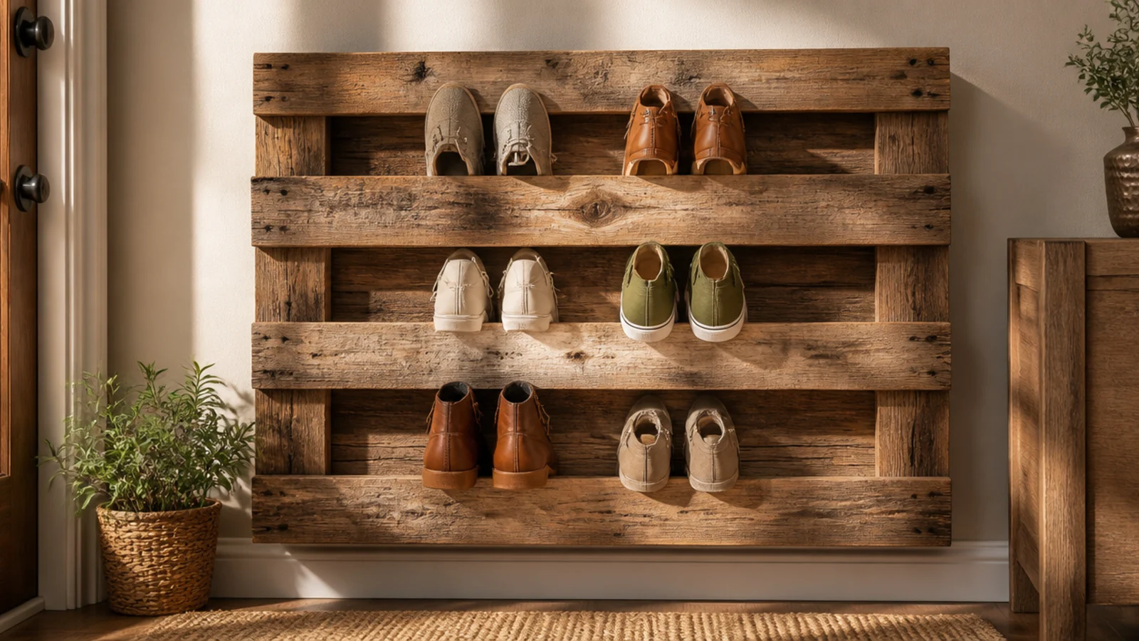 A reclaimed wood pallet mounted on an entry wall with slats angled to cradle shoes in the gaps.