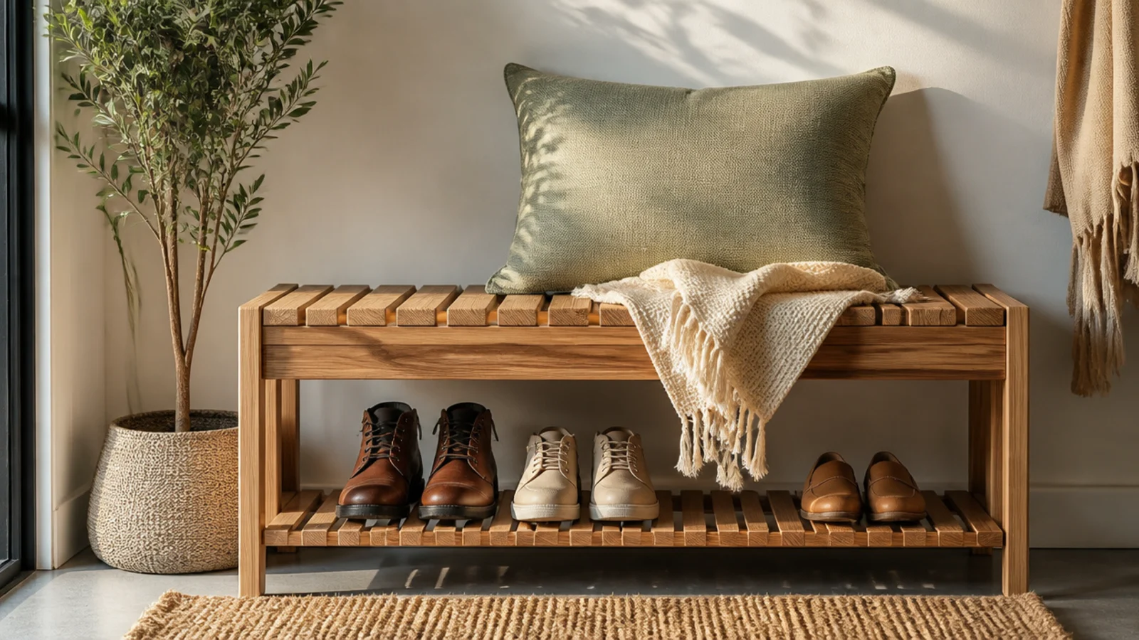 A modern slatted wood bench with an open slatted lower tier holding shoes, set against a bright entry wall.