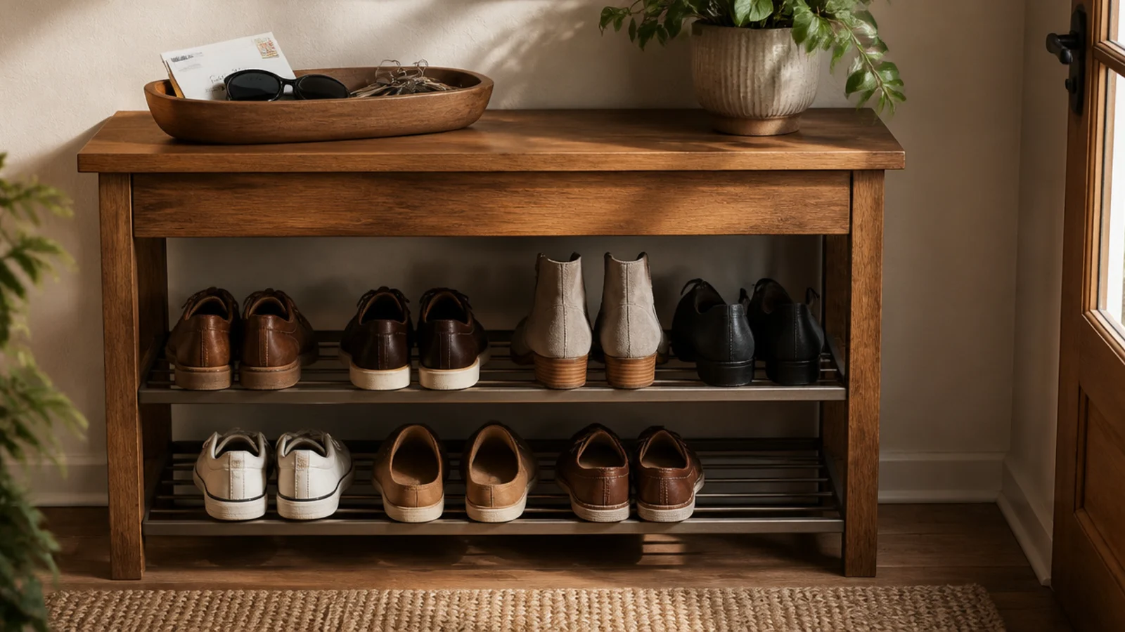 A small entry table with a shoe rack below and a catch-all tray on top holding keys, sunglasses, and mail.