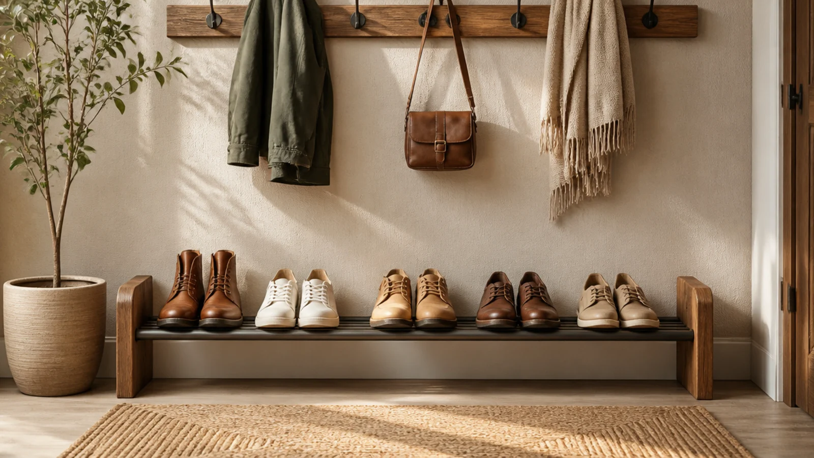 A wall-mounted coat rack with hooks up top and a low angled shoe rail beneath it holding a row of shoes.