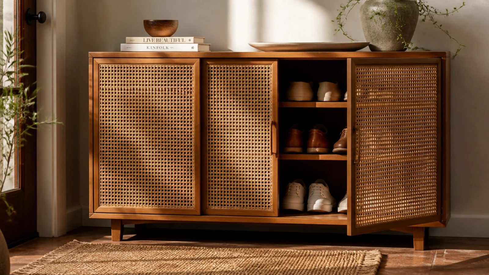 A low cabinet with woven cane door fronts by an entry, doors slightly open to show shoes stored inside.