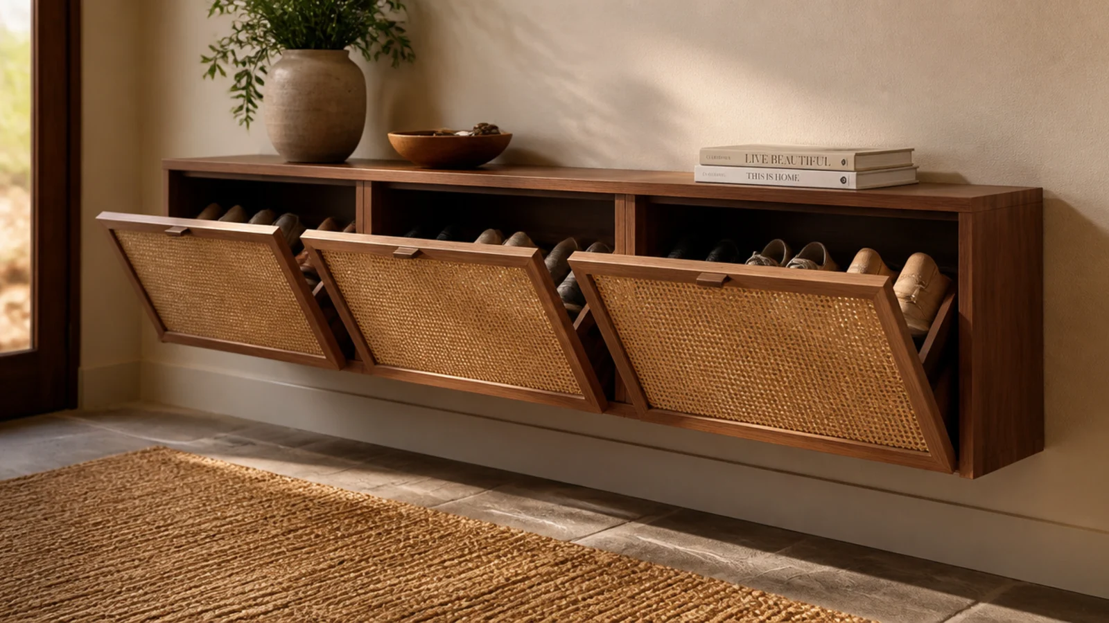 A horizontal row of three slim flip-front wall cabinets mounted low along an entry wall, doors tilting open.