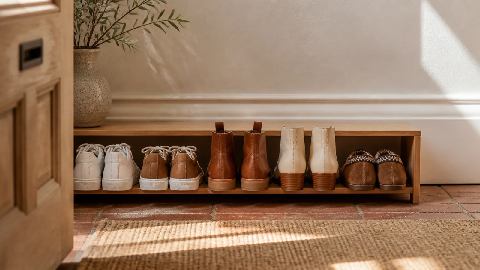 A very shallow low shoe rack tucked behind an open entry door against the wall, holding a single row of shoes.