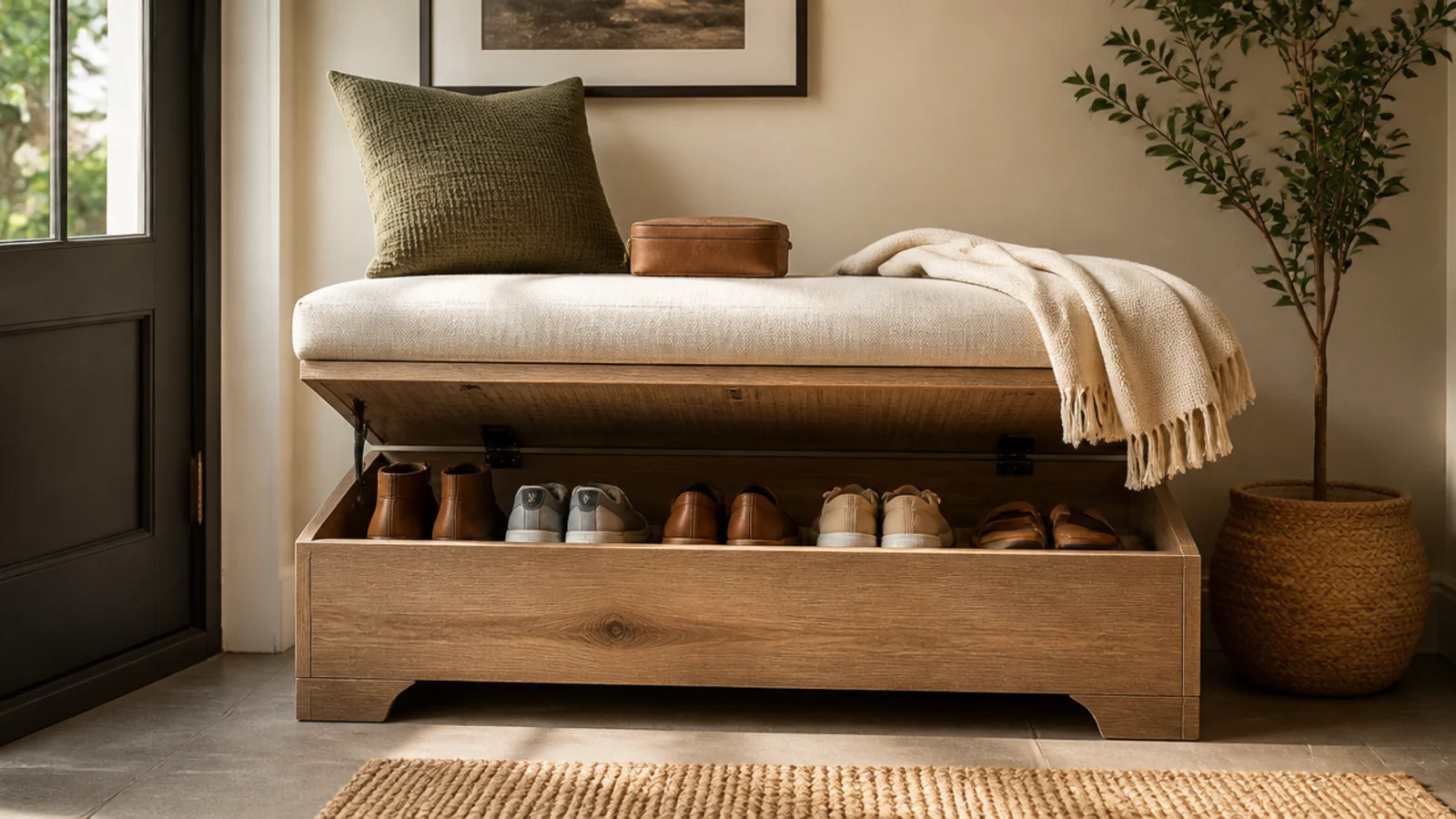 A cushioned window seat by an entry with a lift-up lid revealing shoes stored inside the base.