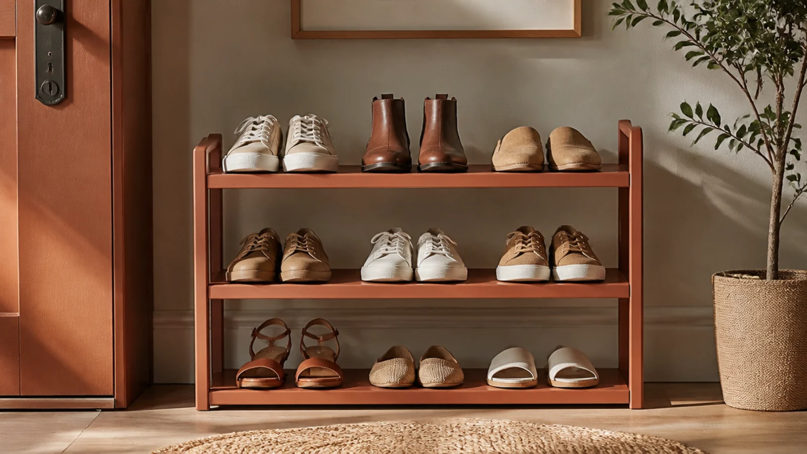 A simple wooden shoe rack painted a warm terracotta to match the entry wall accents, holding neat rows of shoes.