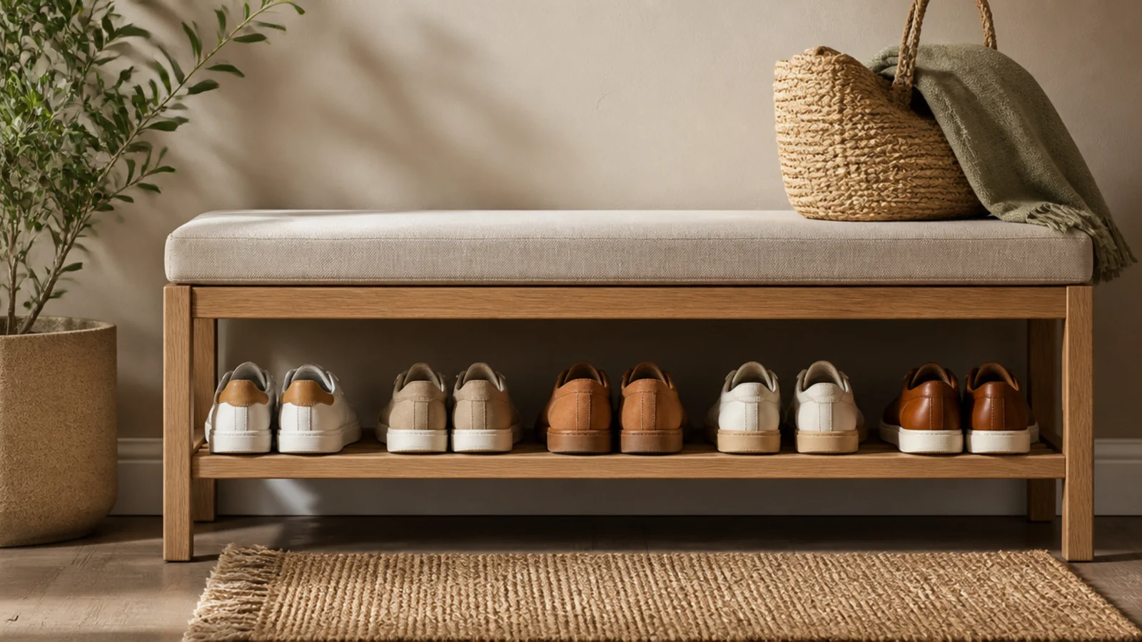 A narrow storage bench against a hallway wall with a cushion on top and shoes tucked on the shelf beneath.