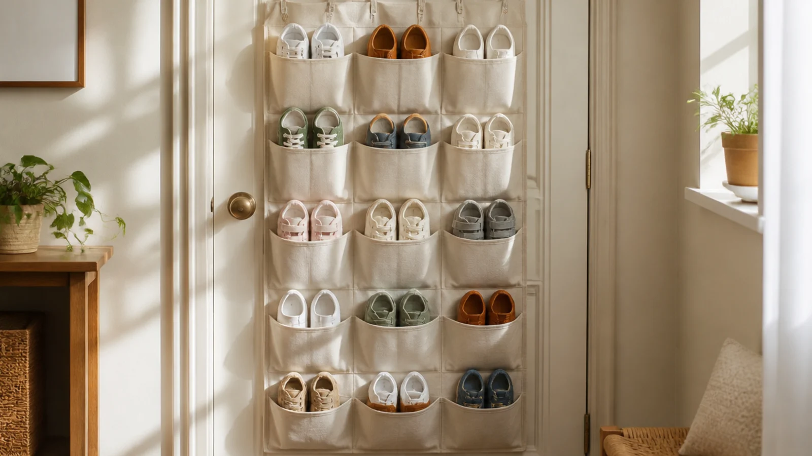 A fabric-pocket organizer on the back of a hall closet door filled with kids' shoes and sneakers.