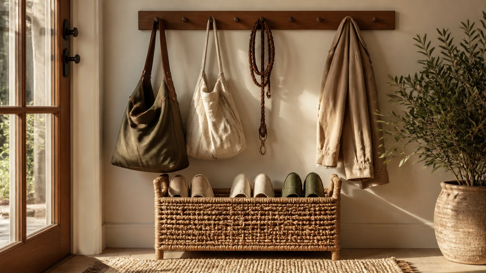 A row of wall hooks above a single woven basket in a hallway, holding bags, a leash, and slip-on shoes.