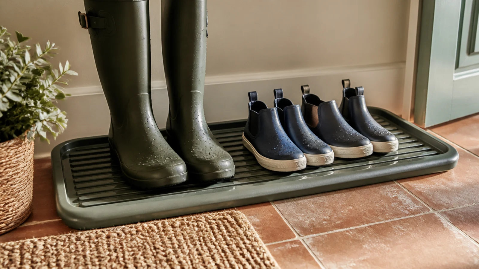 A ribbed rubber boot tray by the front door holding wet boots and rain shoes, keeping the floor dry.