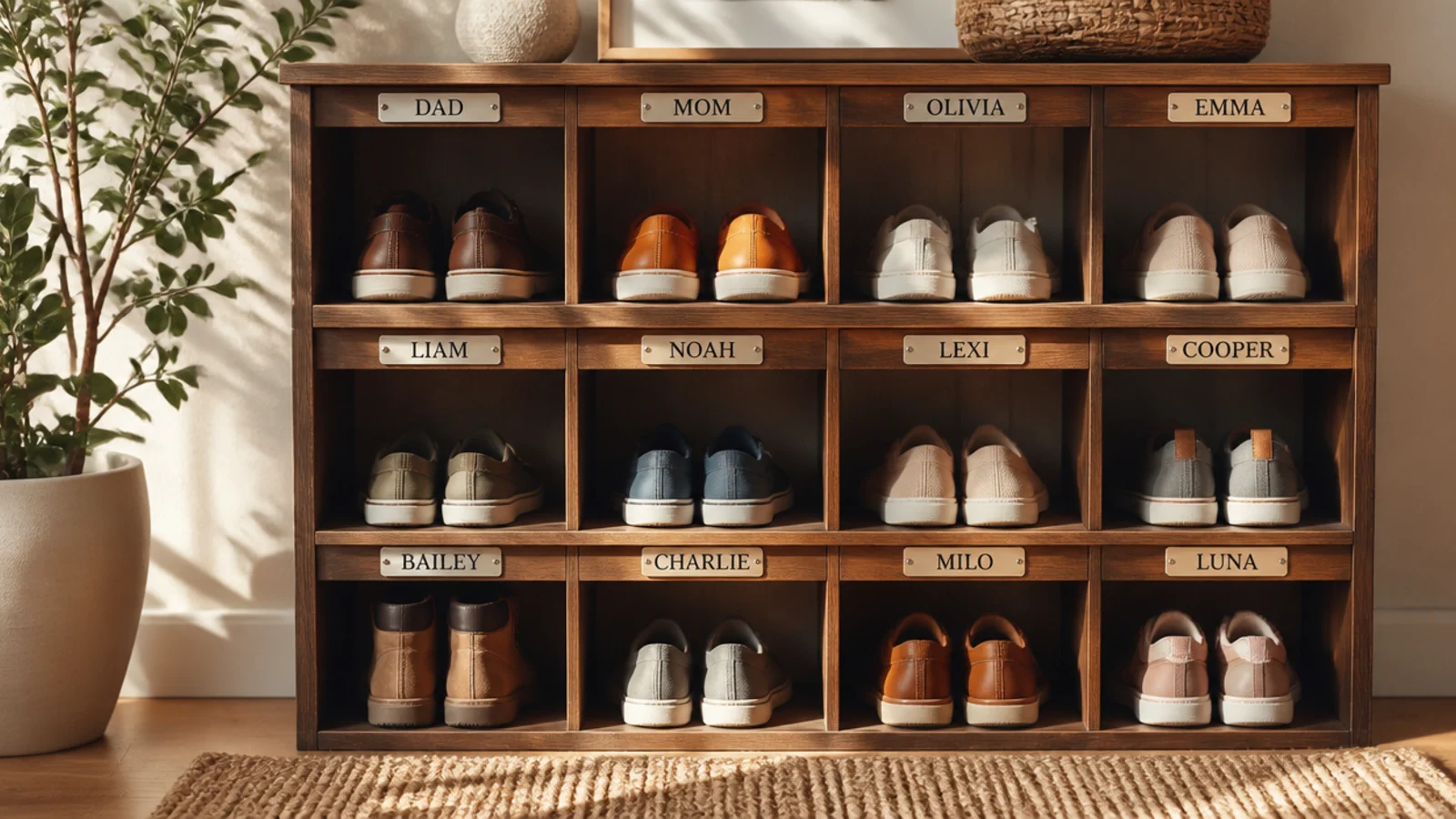 A small cube shelf in the hall with each cubby labeled by name, one person's shoes in each square.