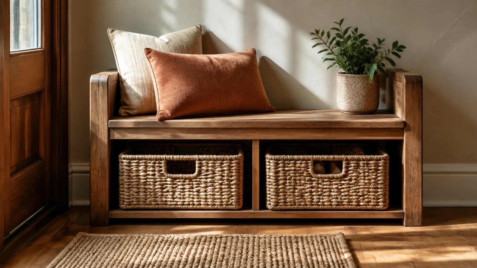 Two woven baskets tucked under the hallway bench, each holding a category of shoes out of sight.