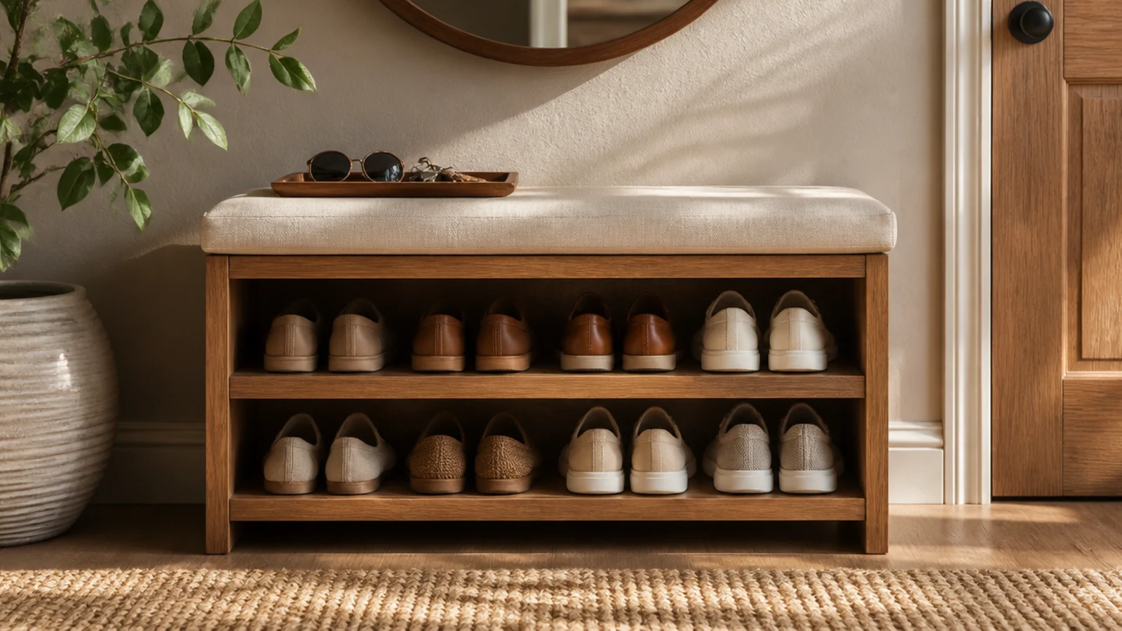 A small tray on the hall bench holding keys and sunglasses beneath a round mirror on the wall above.