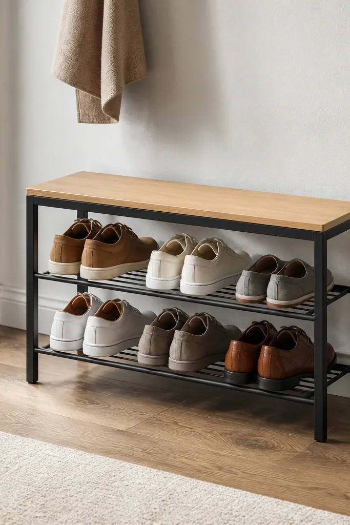 A narrow shoe rack with two tiers of wire shelves, an open frame, and a light ash wood top. Shoes sit with toes facing forward; the frame has a matte black finish and small gaps for airflow.