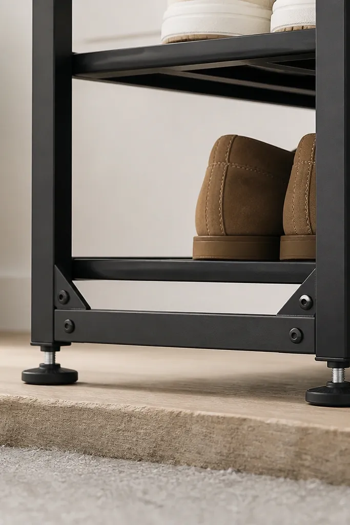 A shoe rack base shown close-up: two adjustable leveling feet are installed on the bottom corners. The rack frame is square, with corner braces visible and a small gap under the rack on uneven flooring.