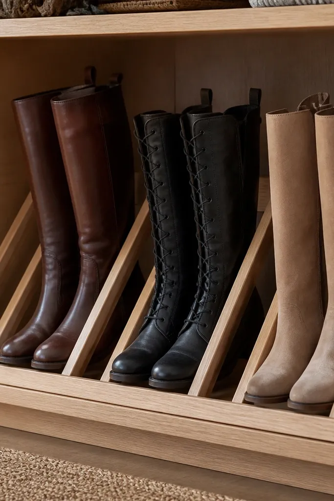 A shoe rack section where boots sit on a slanted insert made of wood strips. The insert holds boots upright, and the slat spacing is wide enough for pant legs and laces.