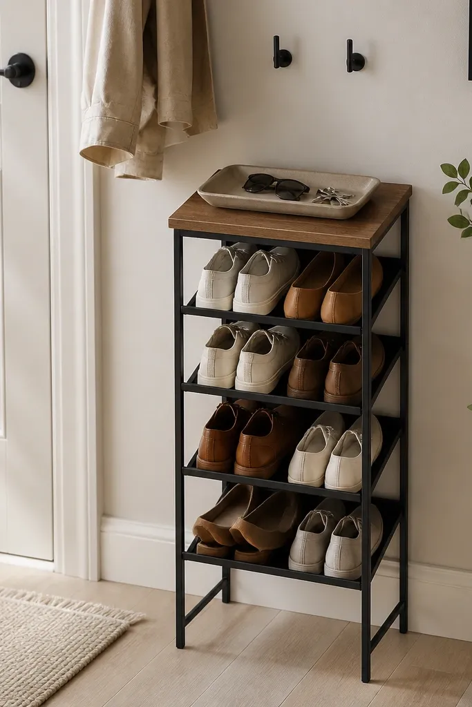 A narrow shoe rack with a flat top. There's a shallow catch-all tray on top and two small wall hooks above it. A couple of keys and a pair of sunglasses sit neatly in the tray.