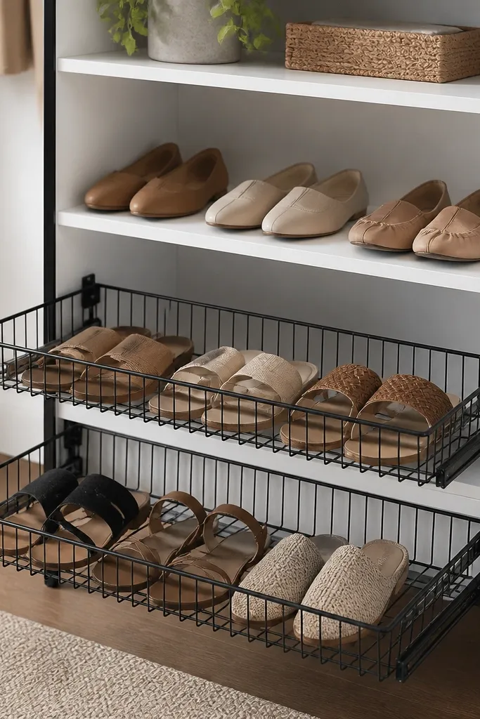 A shoe rack with two pull-out wire baskets on the lower half. Sandals and flats are organized inside; the baskets slide on simple rails, and the frame is painted white with black accents.
