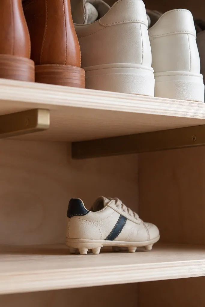 A close-up of a shoe rack shelf with a small cleat underneath. The shelf is plywood with a light finish, and two metal shelf supports or wooden braces are visible under each tier.