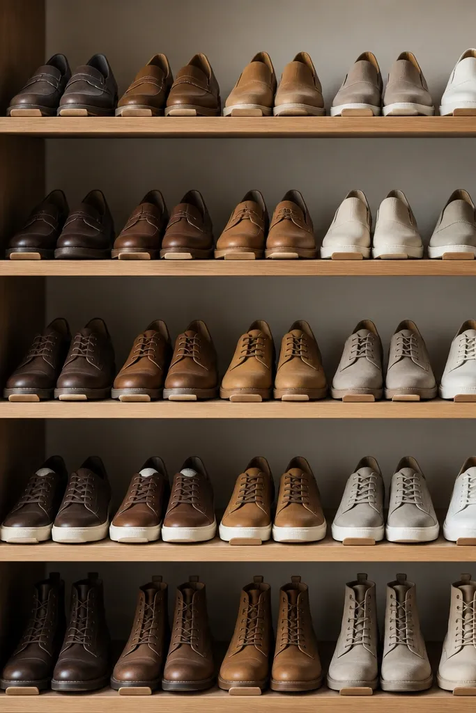Shoes arranged on a rack with every pair facing the same direction. There are small stop blocks at the front edge of each shelf, and the toes line up neatly.