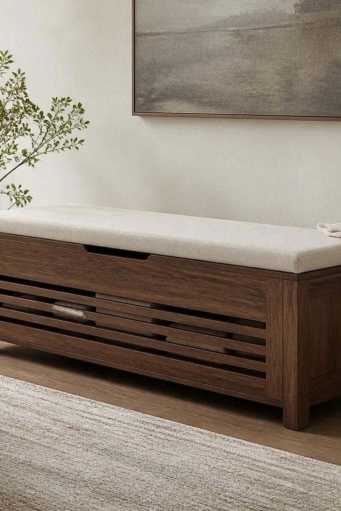 A longer bench with a hinged lift lid. Under the lid, a slatted wooden base is visible through a front opening, and the slats create airflow. The bench has a dark walnut stain and a light beige cushion on top.