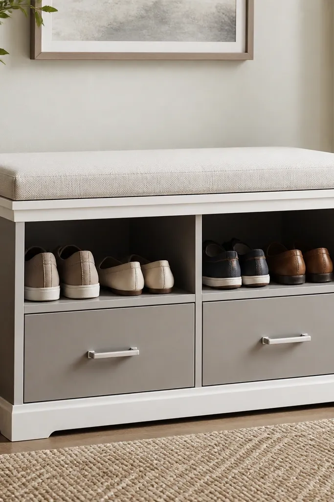 A cabinet-style shoe rack with two drawers on the bottom and two open cubbies on top. A thick upholstered seat sits on top, and the drawers have simple brushed metal pulls. The finish is warm gray with white trim.