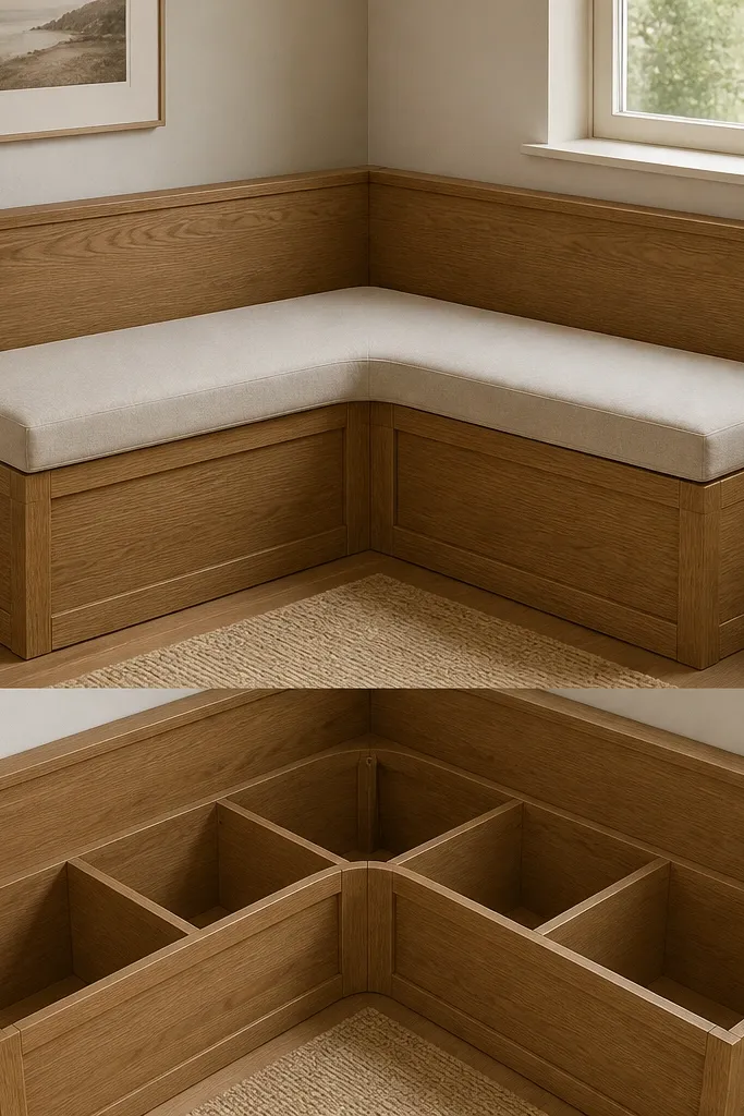 A corner unit that wraps two walls at a right angle. The seat is a single padded cushion across the corner, and inside you see wedge compartments that curve along the corner. The exterior is stained medium oak.