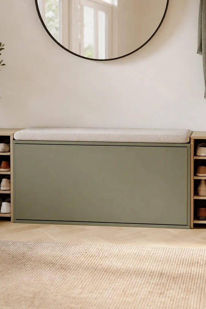 A slim bench with a padded seat. On both sides, small side shelves flip out like a book cover, revealing shallow shoe slots. The front panel is clean and painted sage green.