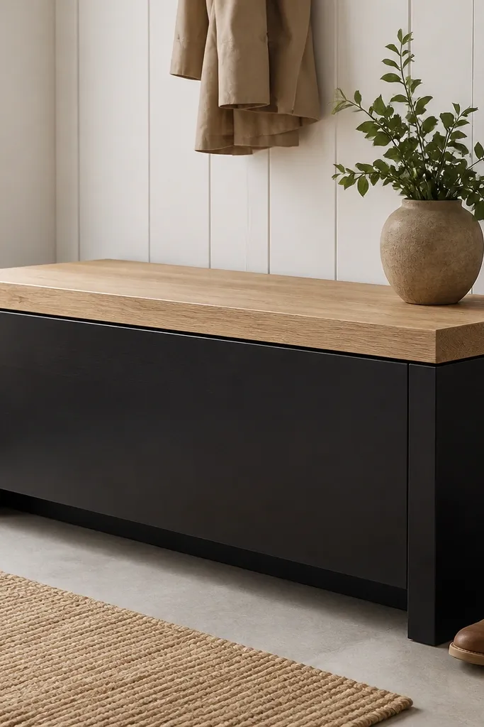 A bench with a seat top that looks like a small countertop. The base is painted black, and the top is a light oak or butcher-block style. The front has a clean seam where the lid opens to a hidden shoe bin.