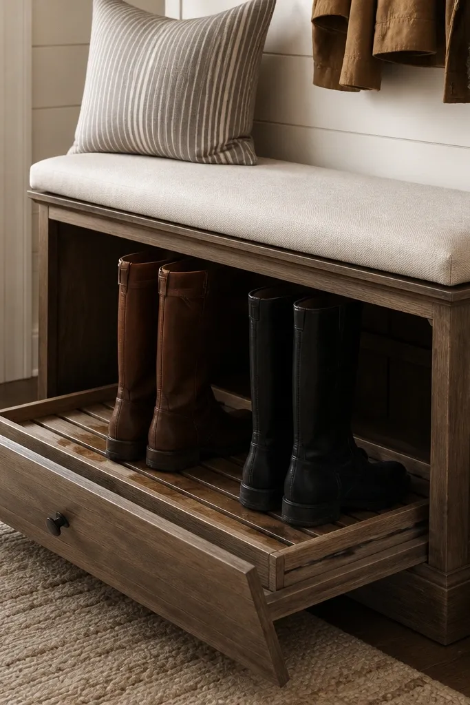 A bench with a padded seat and a front panel that opens. Inside, a pull-out tray holds tall boots upright. The tray has a slatted insert and a dark stain on the wood.