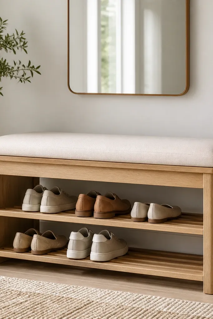 A light oak bench with a thick padded seat cushion. The area below the seat is open, showing horizontal shoe shelves with even spacing. White wall and a simple mirror above.