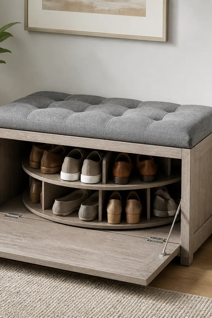 A bench with a hinged door on the front face. Inside, a circular rotating shoe carousel holds multiple pairs. The seat top is upholstered in gray fabric, with button-like stitching.