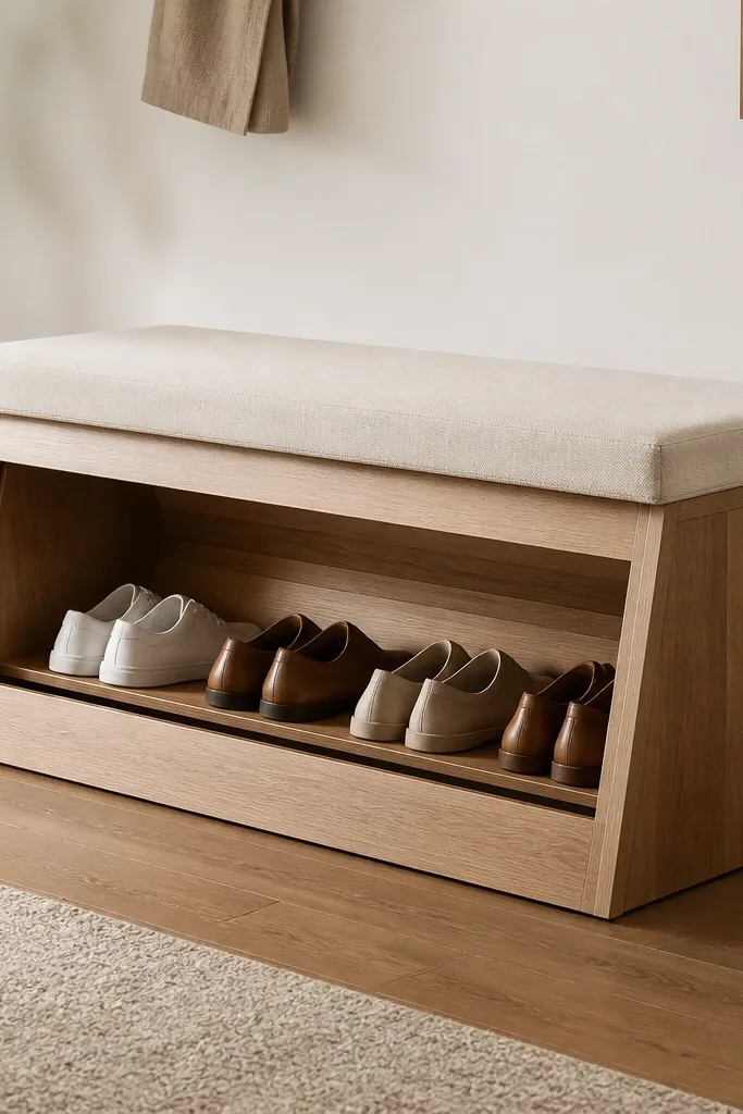 A bench where the shoe compartment is slanted backward. The seat is padded and the front panel has a wide opening. The interior shows a slanted wooden rack with a smooth finish.